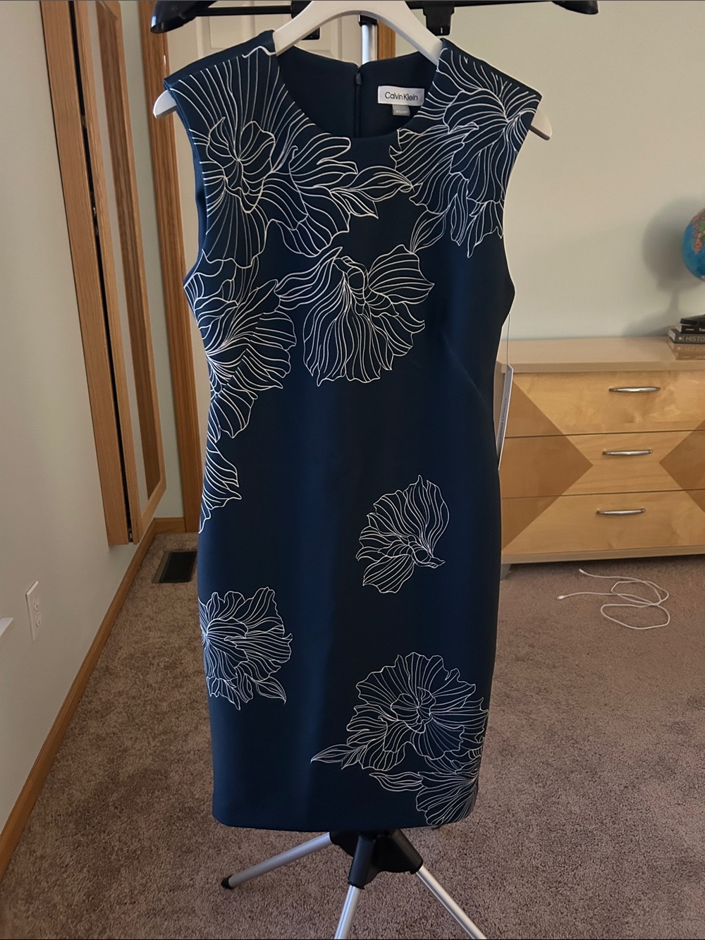 Calvin Klein Navy Sheath Dress with White Floral Linework